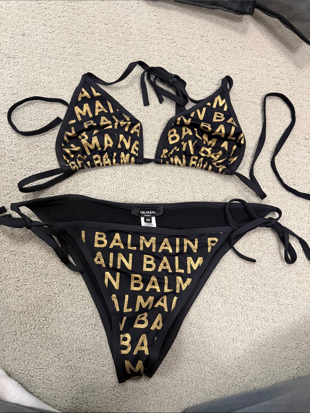 Balmain Black and Gold Logo Tie Bikini